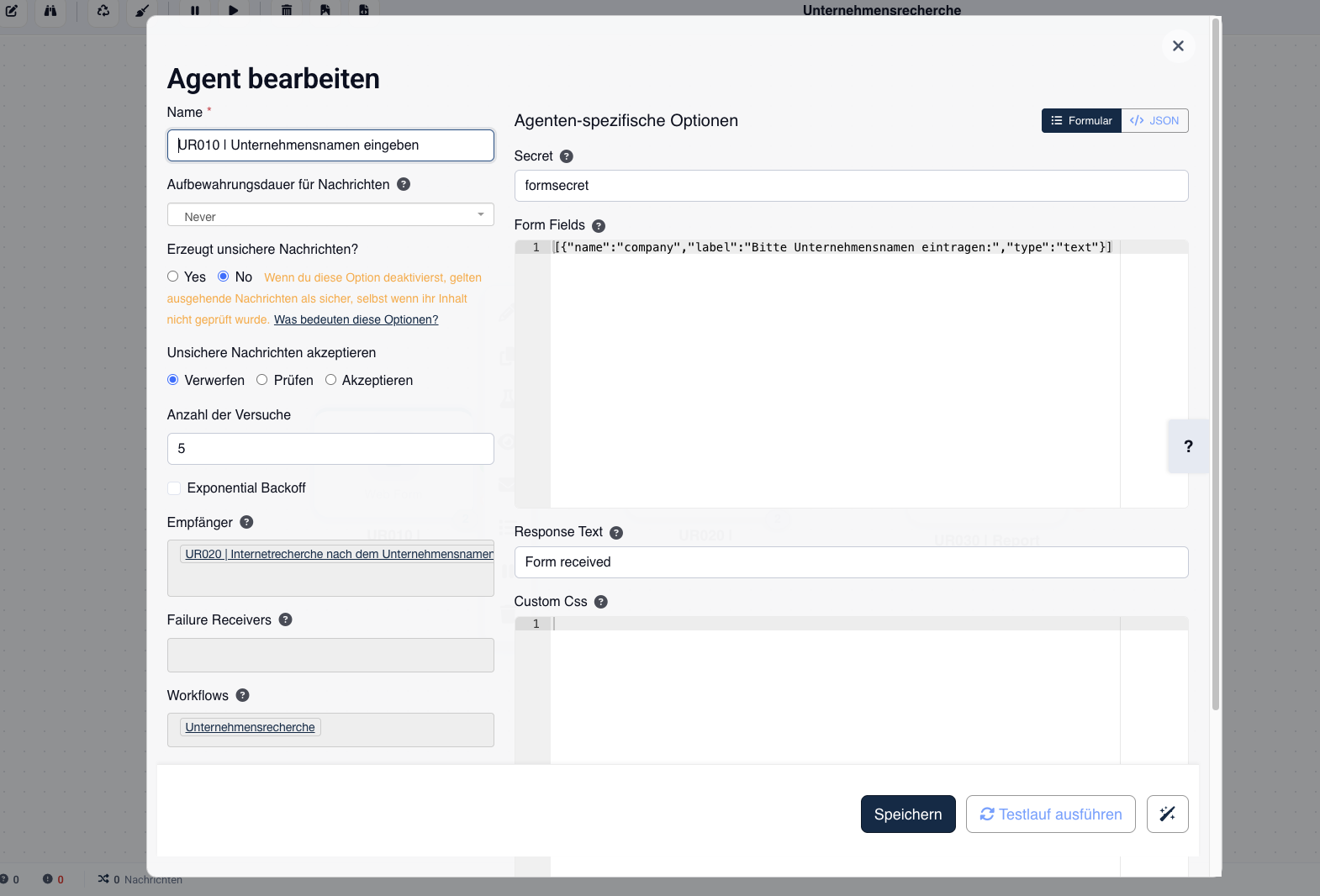 Dialog: Agent bearbeiten