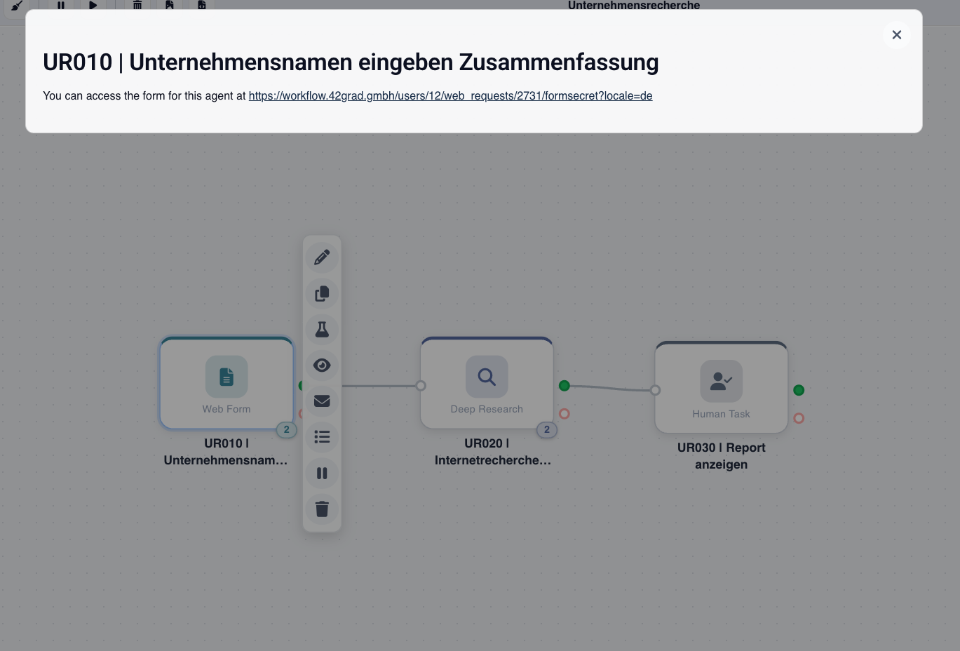 Dialog: Agent-Zusammenfassung mit Formular-URL