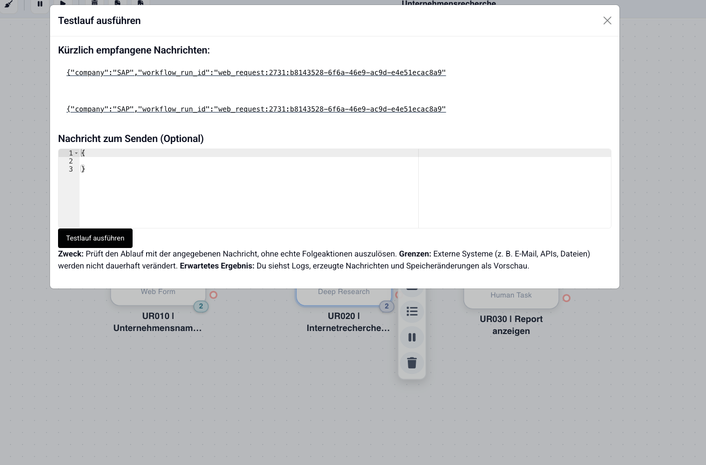Dialog: Testlauf mit kürzlich empfangenen Nachrichten