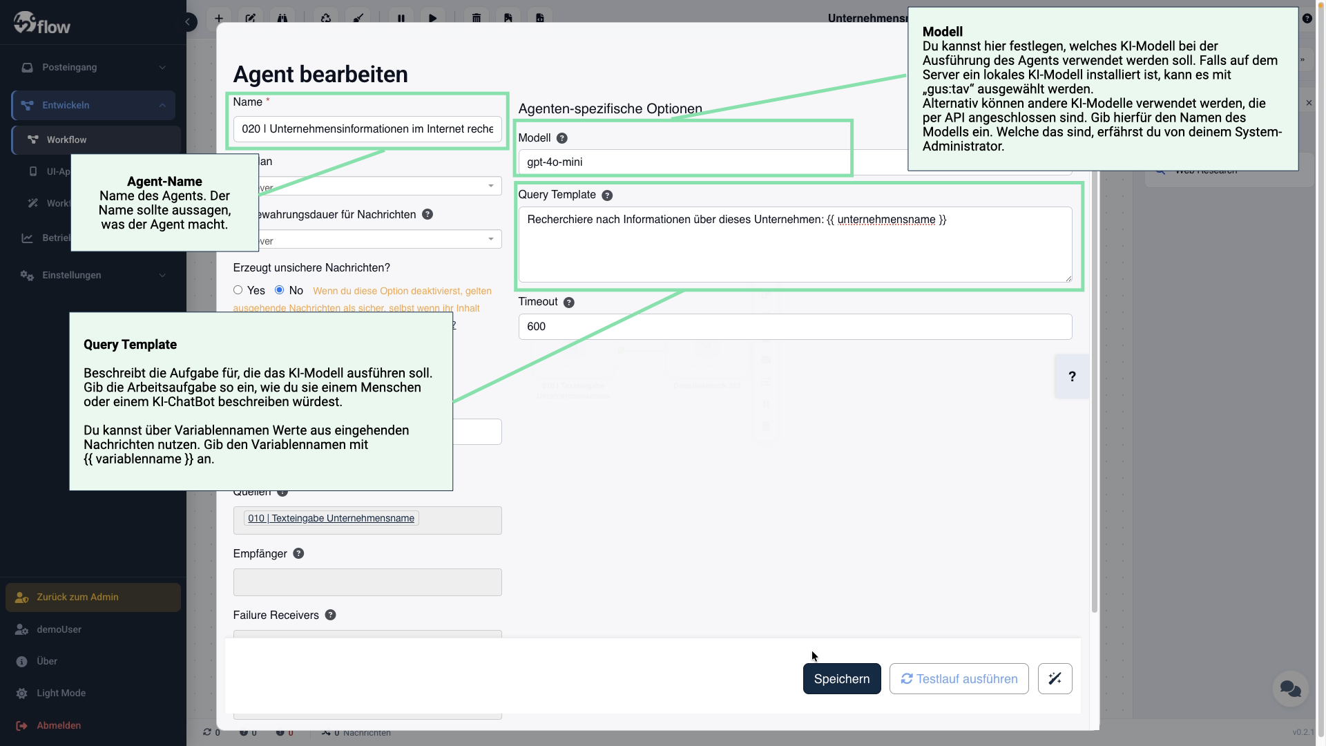 Konfigurationsdialog: Auftrag für den Web Research Agent