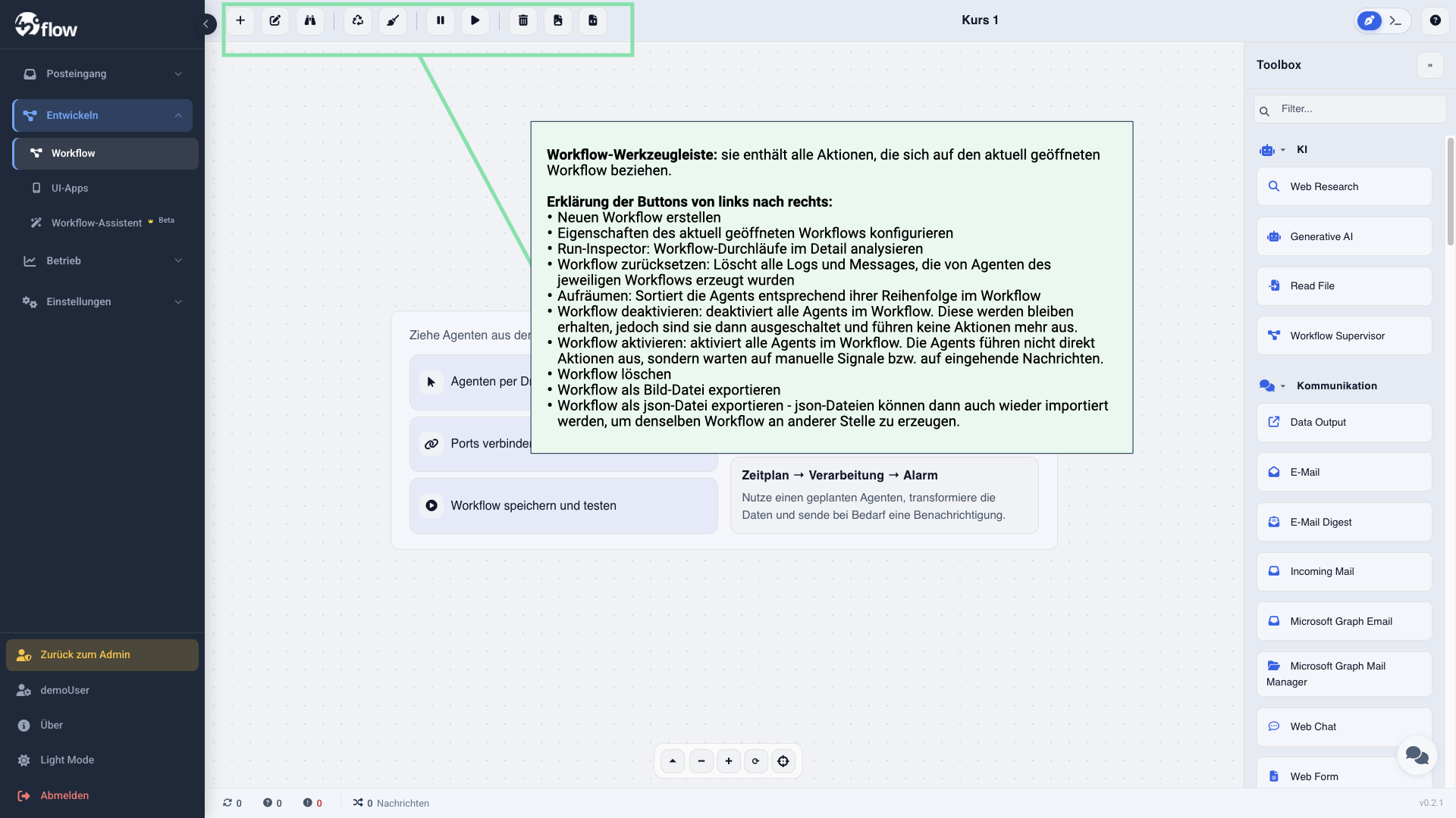 Werkzeugleiste mit Erklärungen