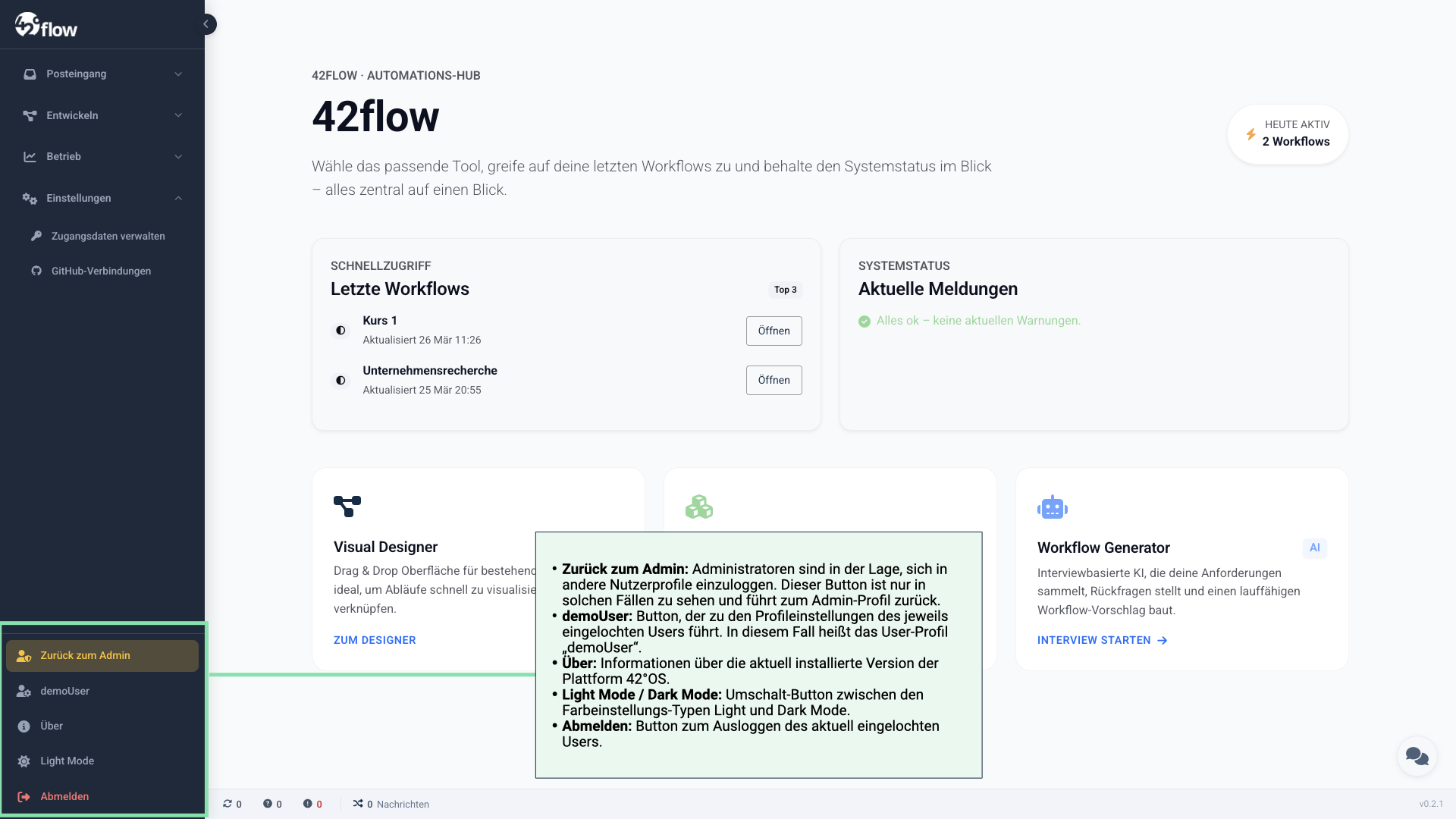 Unterer Bereich Hauptmenü