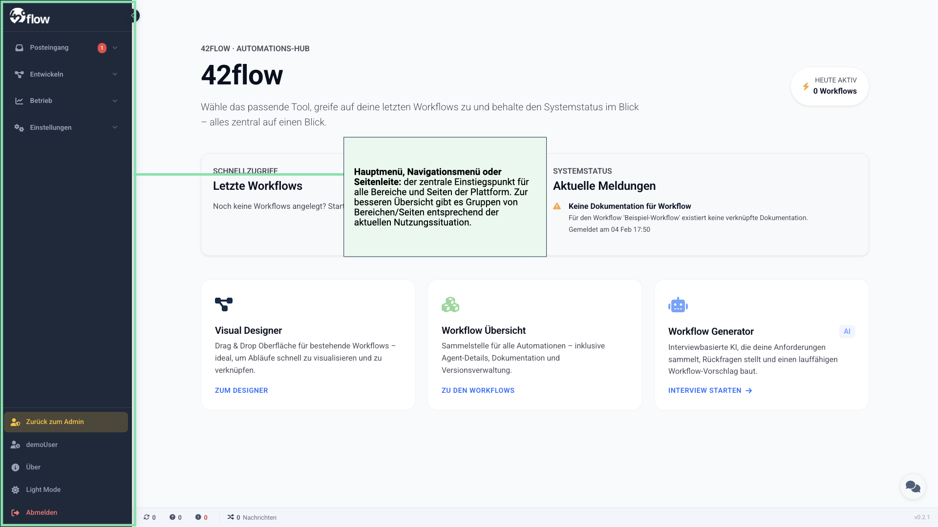 Startseite mit Hauptmenü