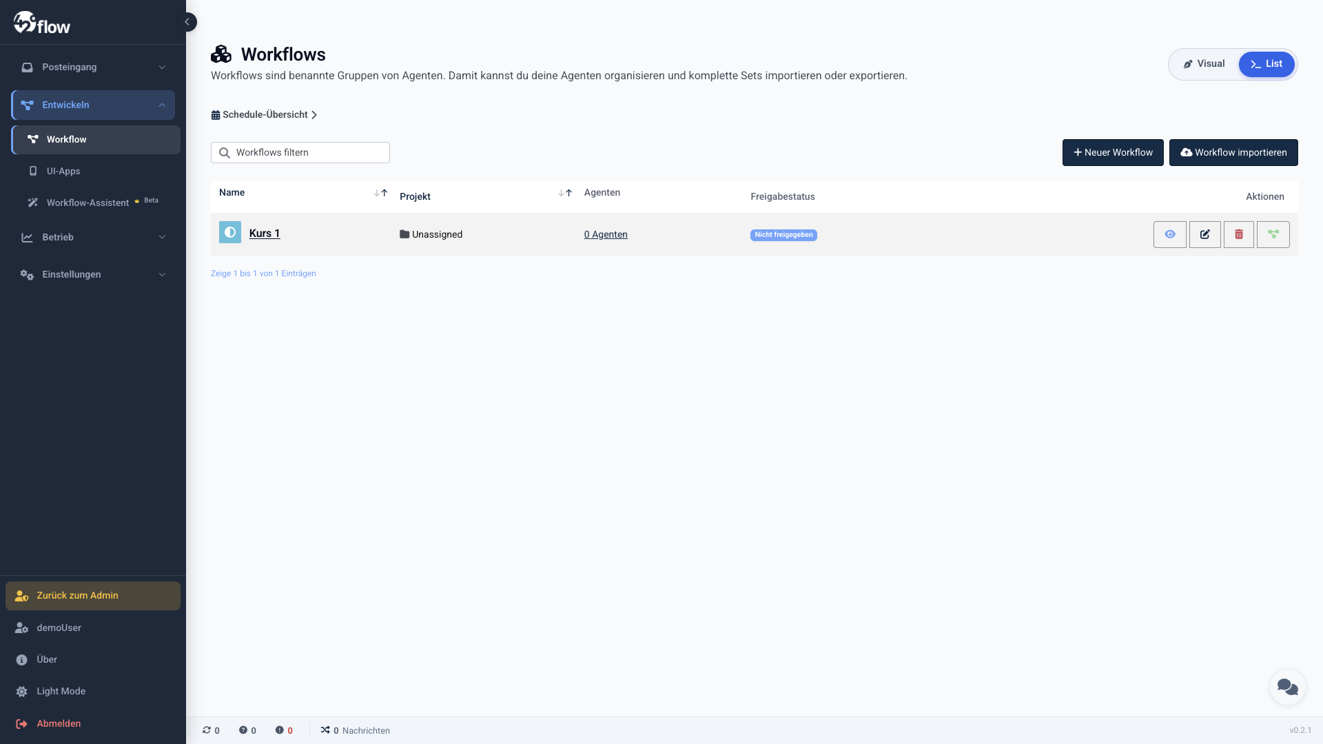 Workflow-Übersicht in der Listen-Ansicht
