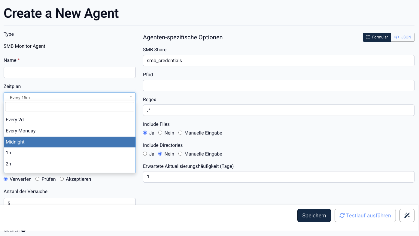 Zeitplan-Dropdown in der Agent-Konfiguration
